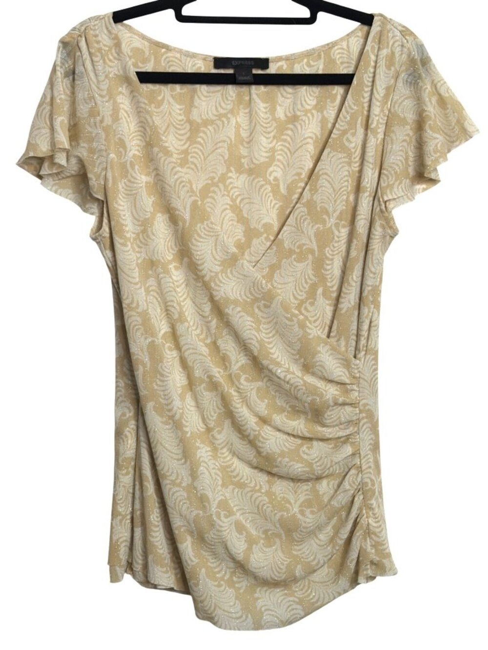 Vintage Y2K Express Wrap Top Womens Size L Glittery Pattern Short Flutter Sleeve